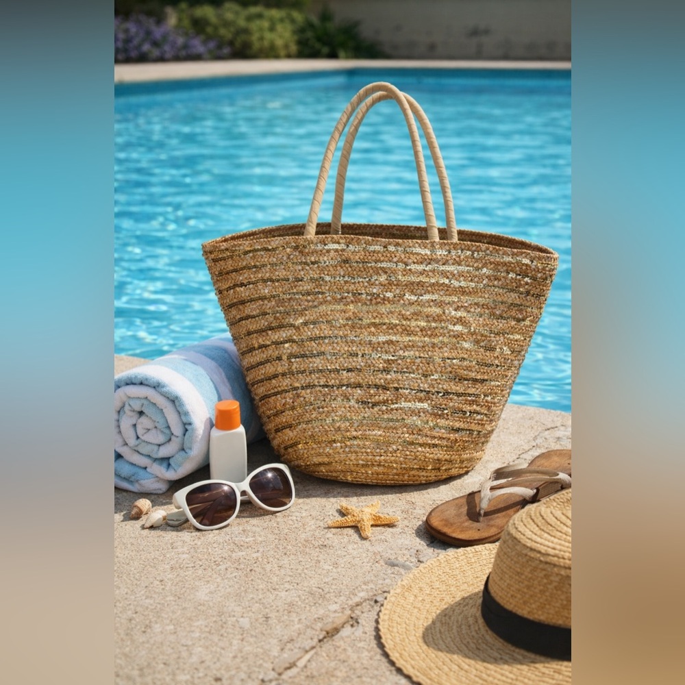 Cappelli Staw Summer Large Lined Tote Bag with Gold Sequins - Picture 2 of 15
